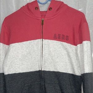 Aeropostale pink light gray and dark gray striped zip up hoodie